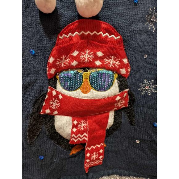 Holiday Time Light-Up Penguin Blue Ugly Christmas Sweater Size M (8-10) CHILL’N - Picture 7 of 14